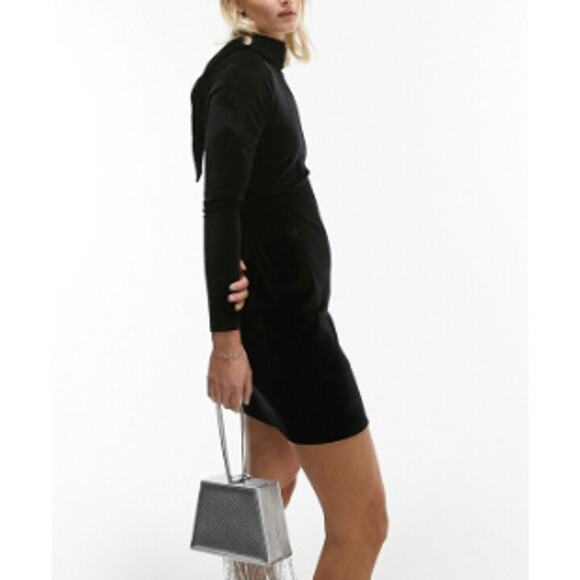 NWT TOPSHOP NORDSTROM Women's Black Knot Wrap Velvet Mini Dress Size 4-6 - Picture 1 of 8